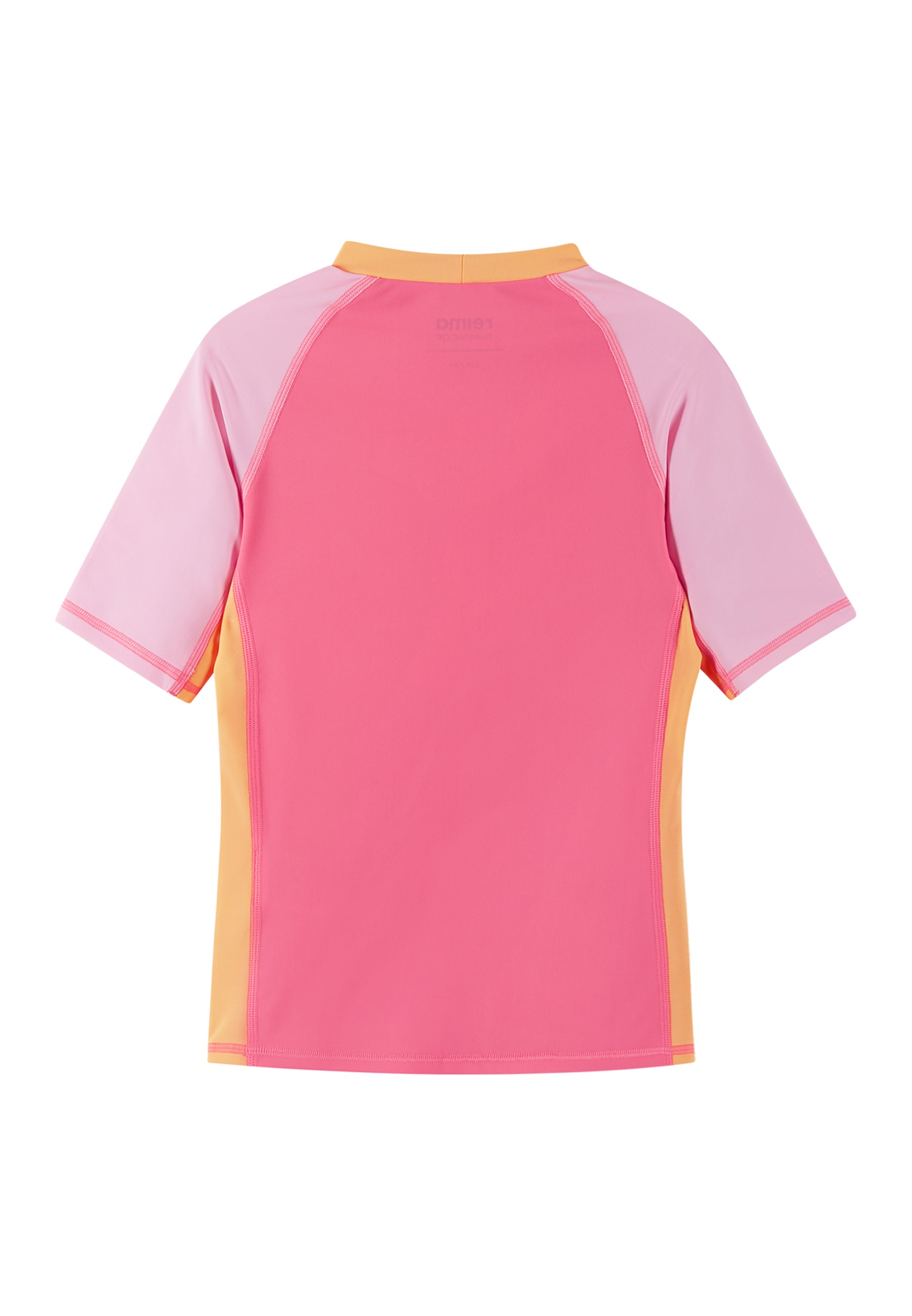 Short-sleeve swim shirt with colorblock design in pink and coral tones, back view