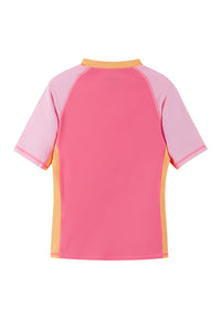 Short-sleeve swim shirt with colorblock design in pink and coral tones, back view