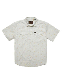 Men's short-sleeve snap-button shirt in off-white with floral grid pattern, dual chest pockets, front view