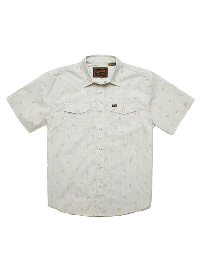 Men's short-sleeve snap-button shirt in off-white with floral grid pattern, dual chest pockets, front view