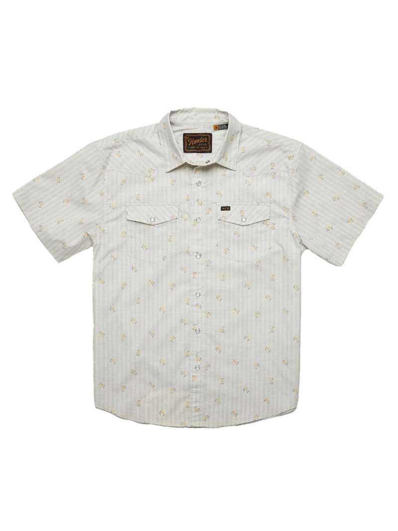 Men's short-sleeve snap-button shirt in off-white with floral grid pattern, dual chest pockets, front view