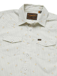 Men's western snap shirt with floral grid pattern, dual chest pockets, and snap buttons, flat lay view