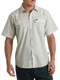 Men's short-sleeve snap-button shirt with floral grid print and dual chest pockets, front view