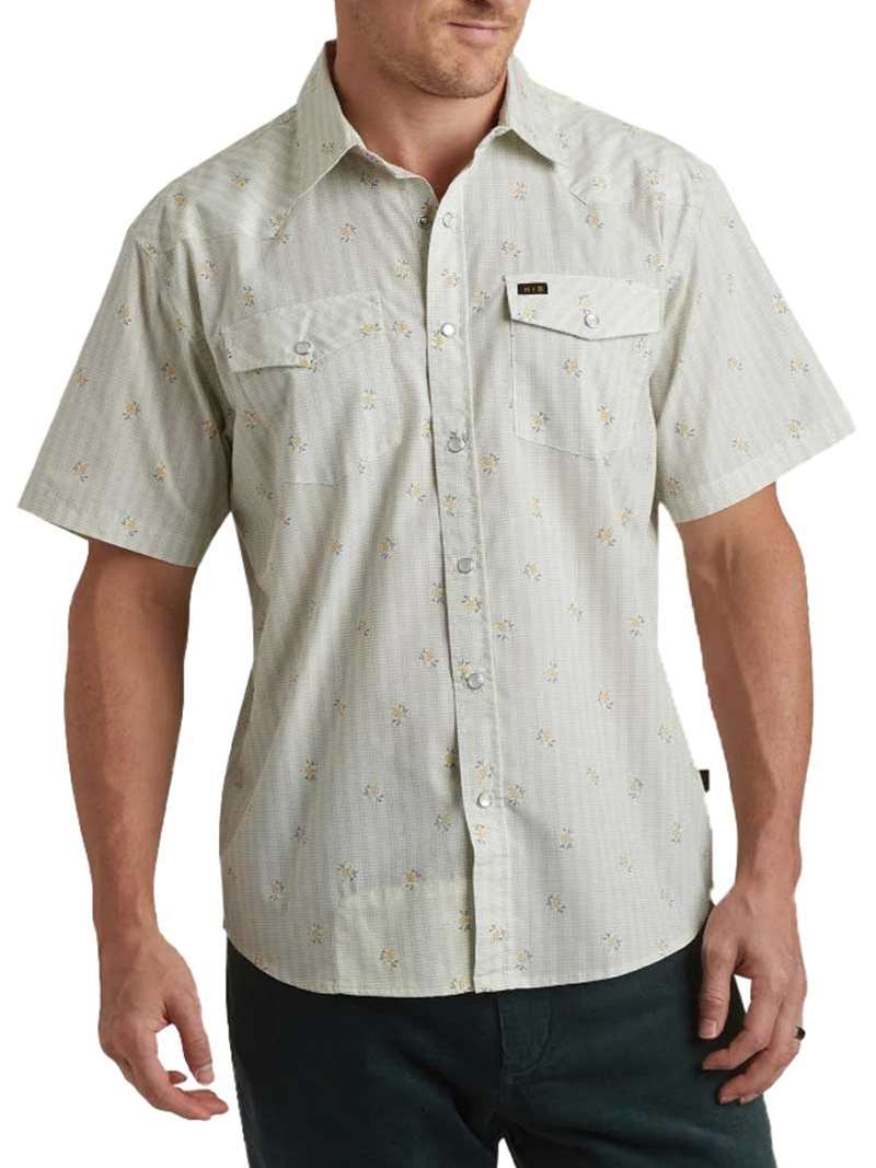 Men's short-sleeve snap-button shirt with floral grid print and dual chest pockets, front view