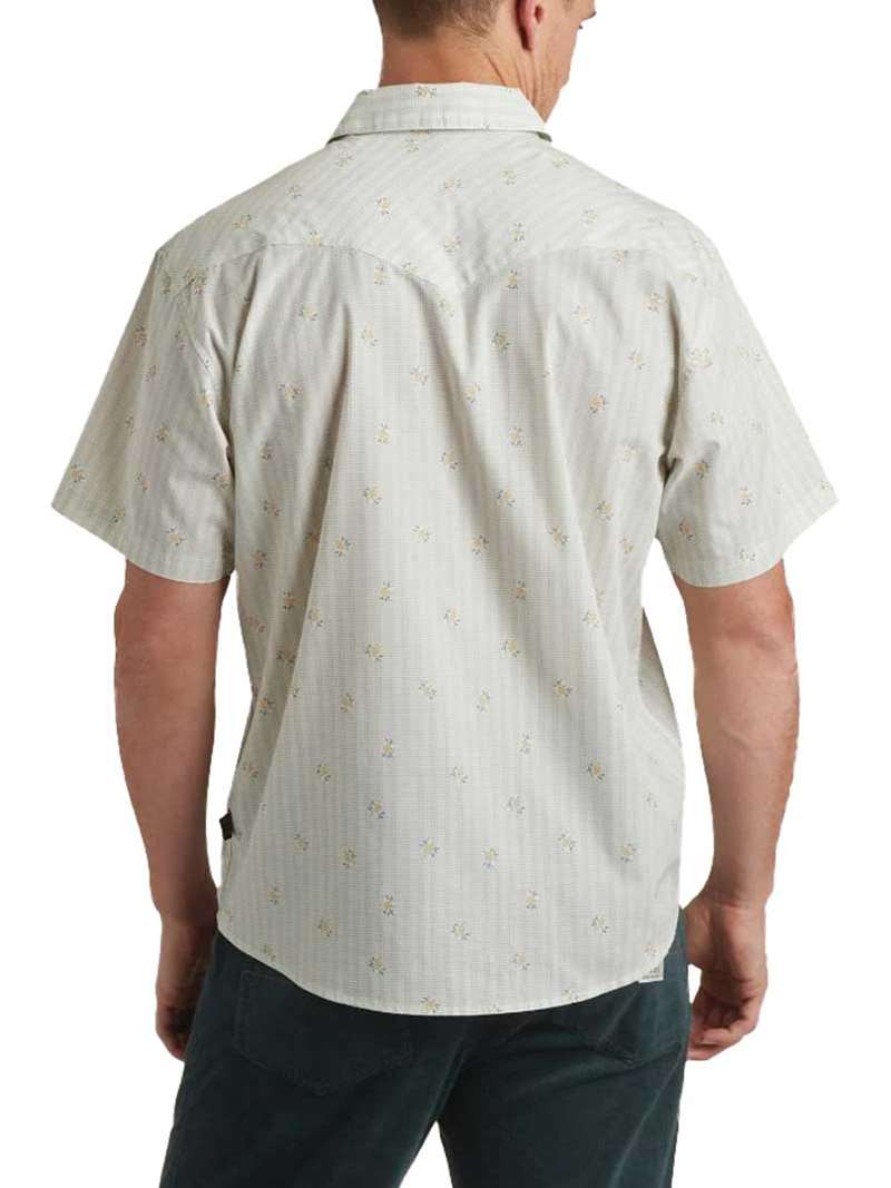 Men's short-sleeve button-up shirt with floral grid print, shown from back on model