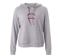 Light gray women's pullover hoodie with front pocket and embroidered chest logo, front view