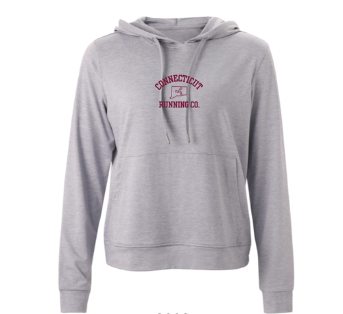 Light gray women's pullover hoodie with front pocket and embroidered chest logo, front view