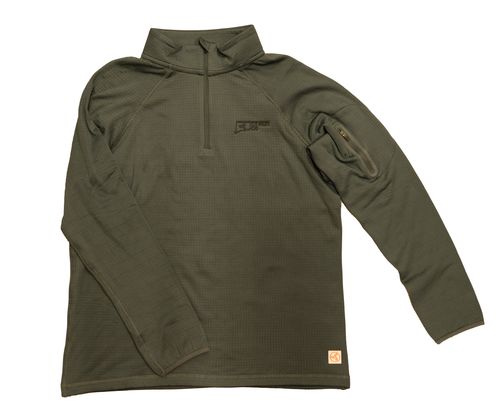 Olive green waffle-knit quarter zip pullover with sleeve pocket, flat lay view