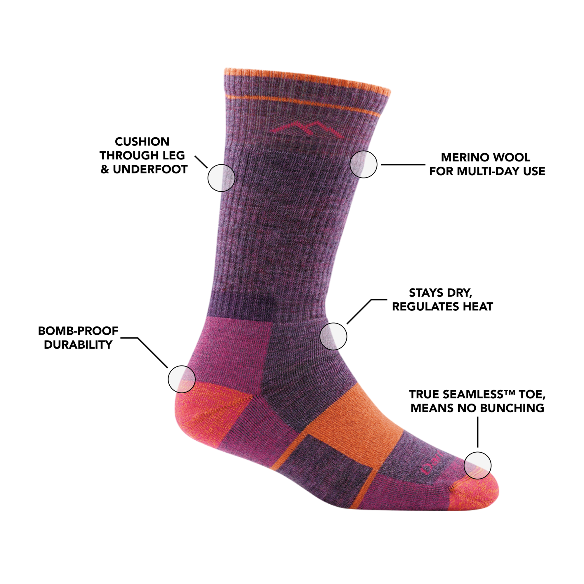 Crew-height hiking sock in purple with colorblock heel, toe, and ankle cushioning zones
