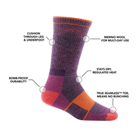 Crew-height hiking sock in purple with colorblock heel, toe, and ankle cushioning zones