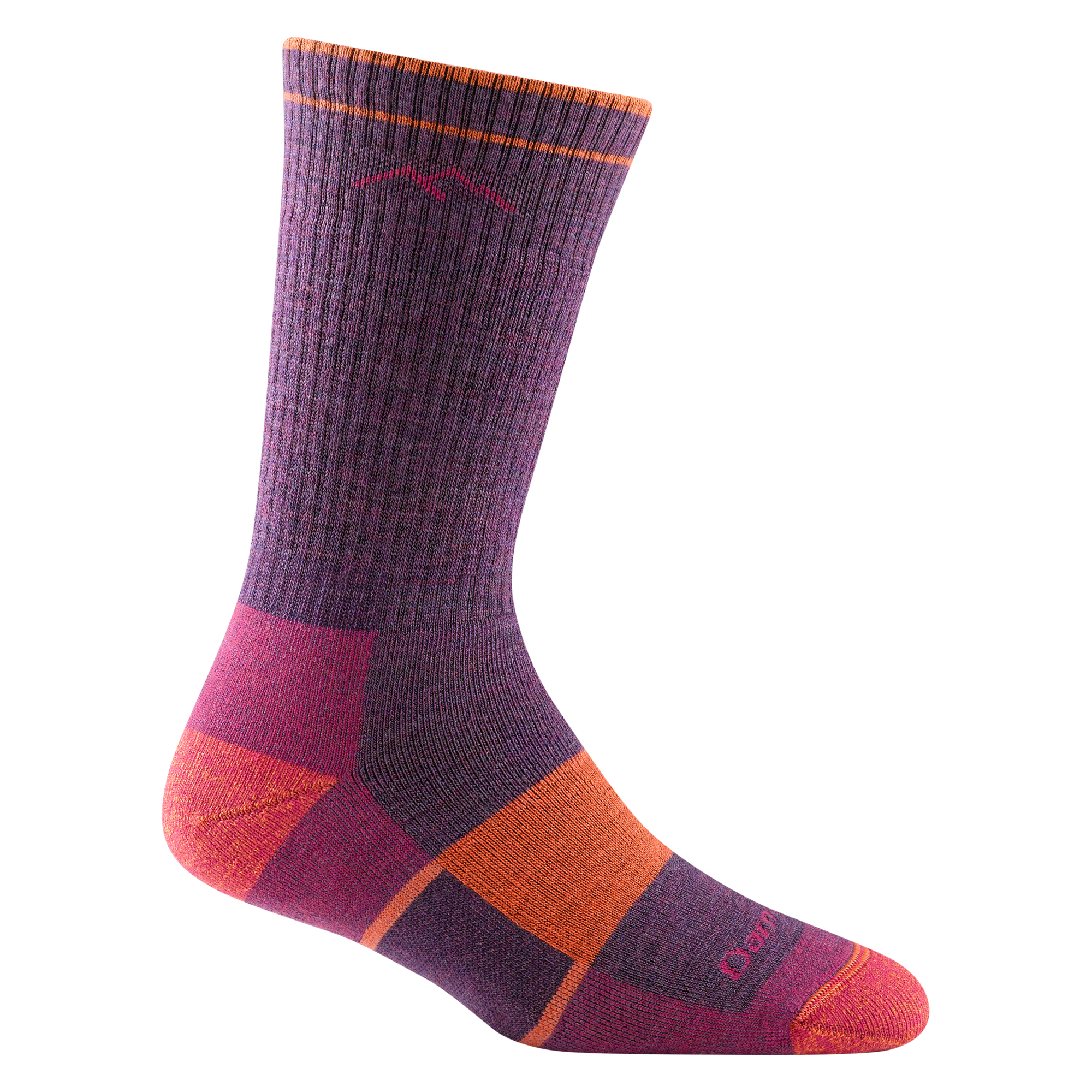 Crew-length hiking sock in purple with colorblock pink and orange heel and toe accents