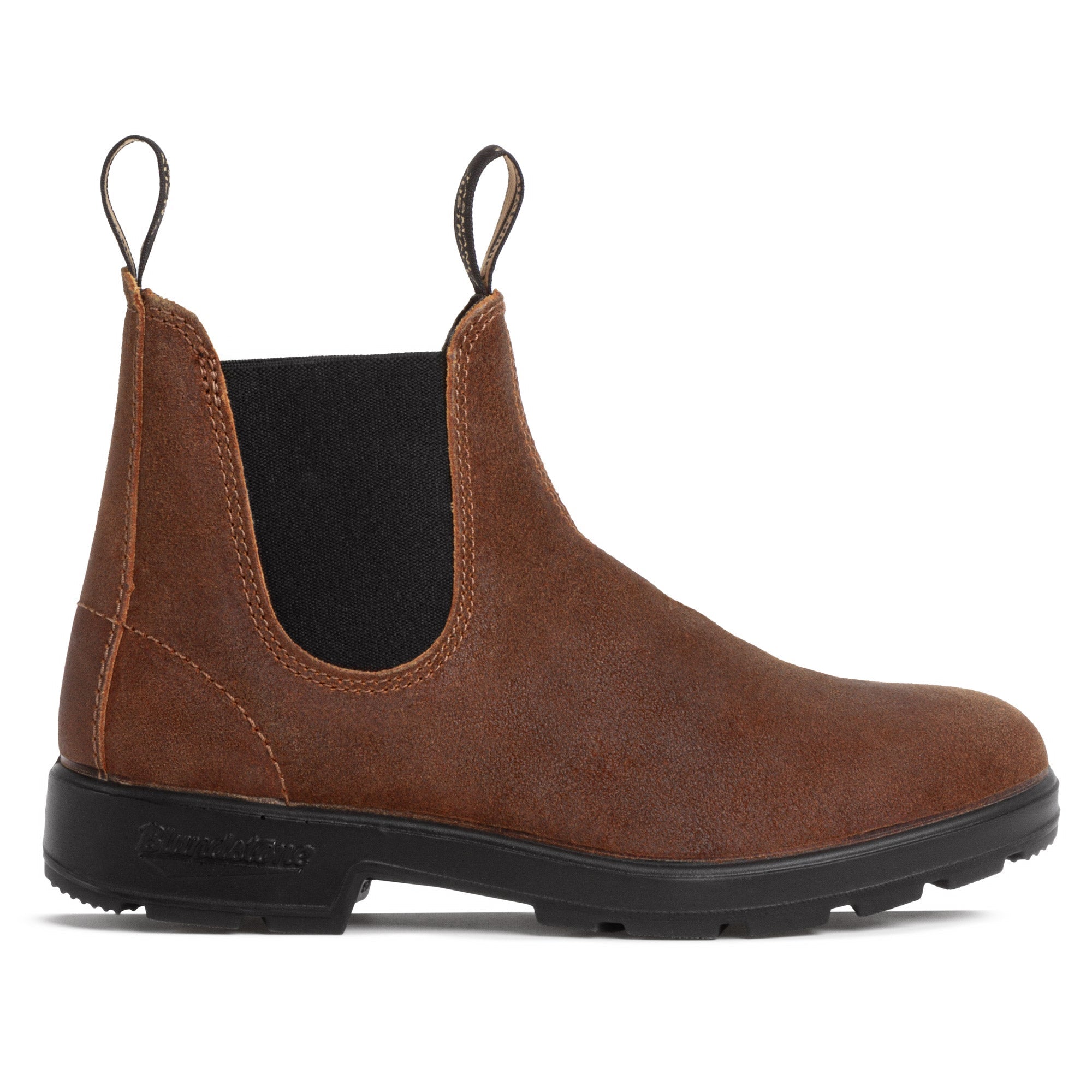 Brown suede Chelsea boot with black elastic side panels, pull tabs, and chunky sole, side view