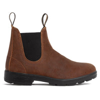 Brown suede Chelsea boot with black elastic side panels, pull tabs, and chunky sole, side view