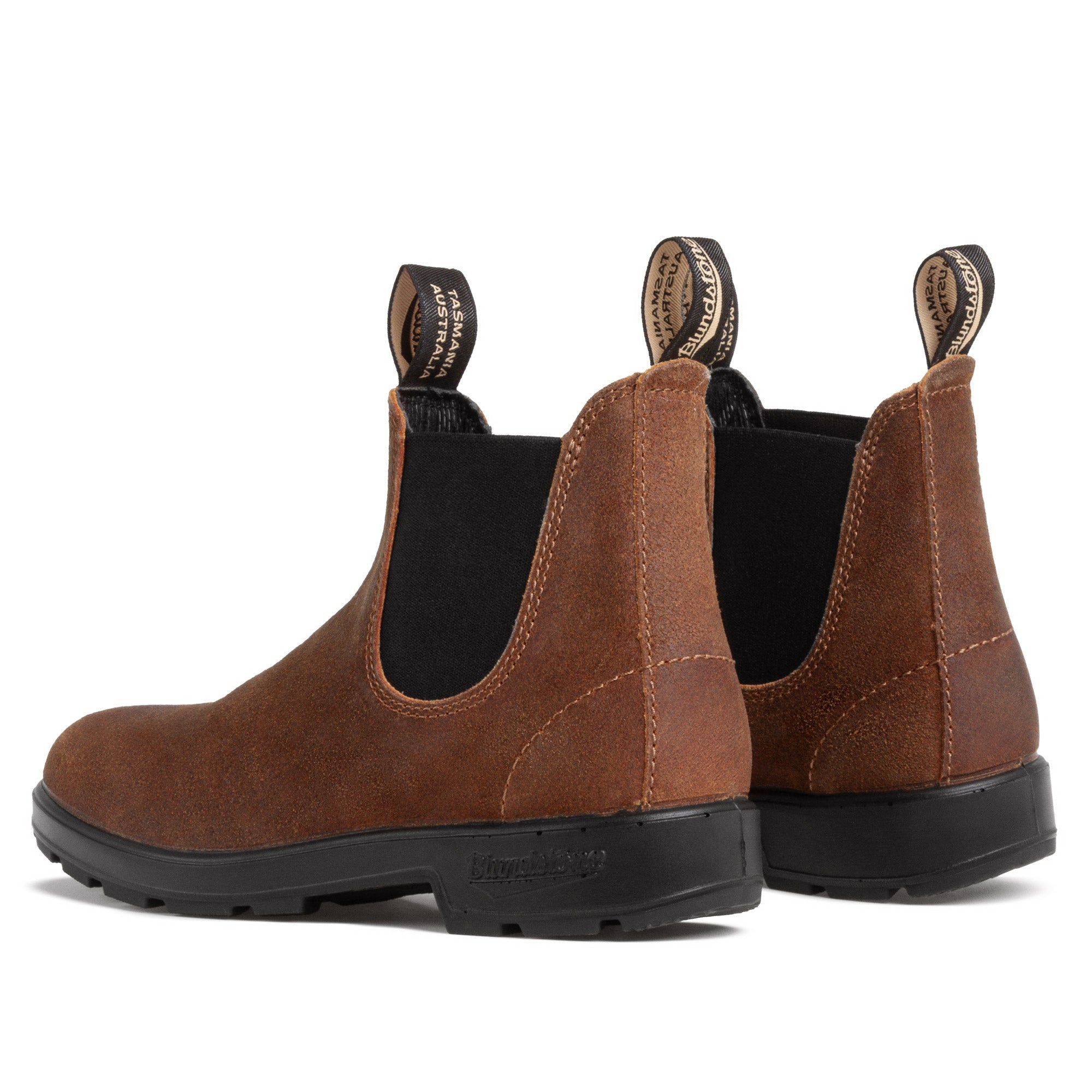 Chelsea boots in warm brown suede with black elastic side panels and pull tabs, rear view