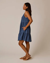 Blue sleeveless tiered dress with small white dot pattern, side view on model