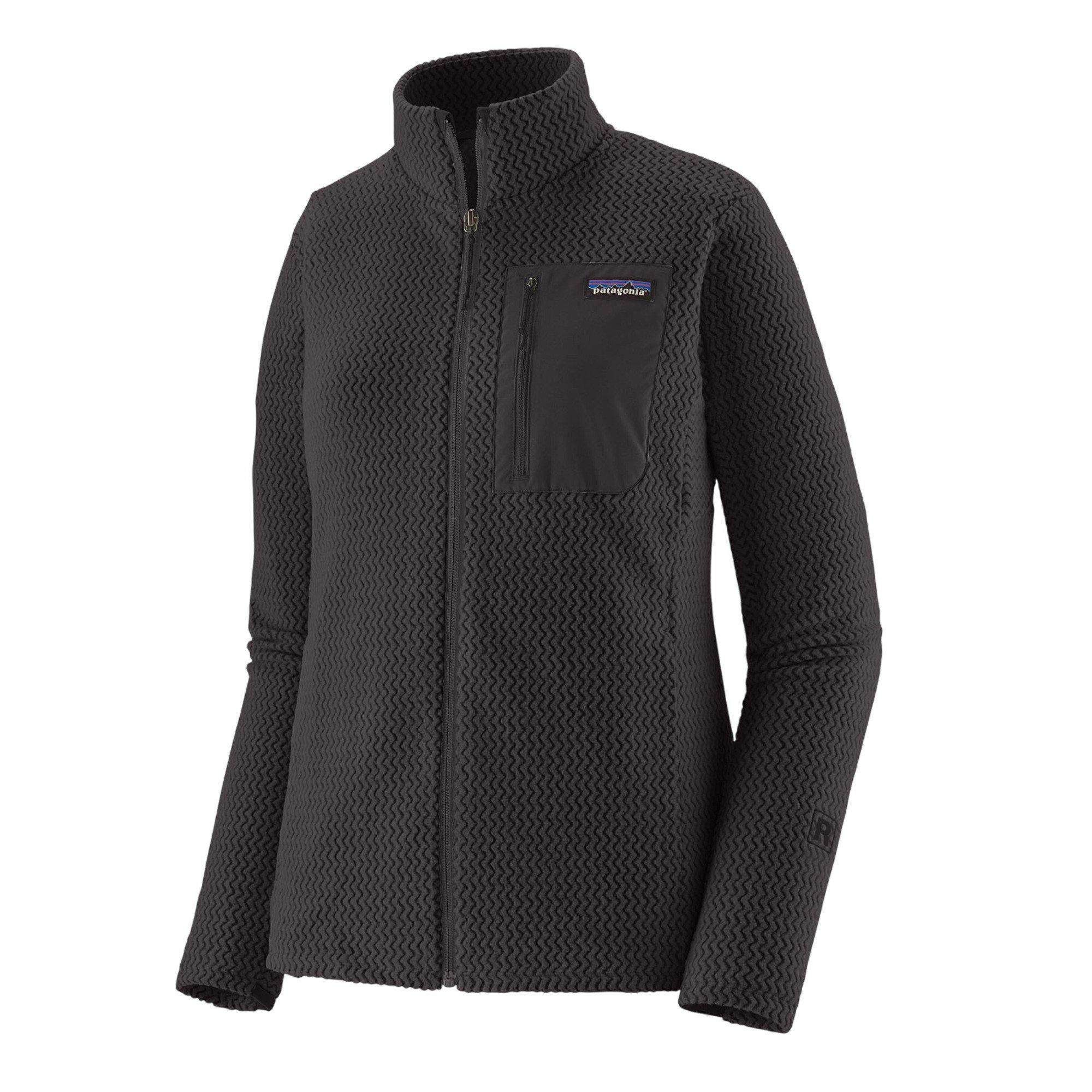 Black textured fleece full-zip jacket with stand collar and chest pocket, front view