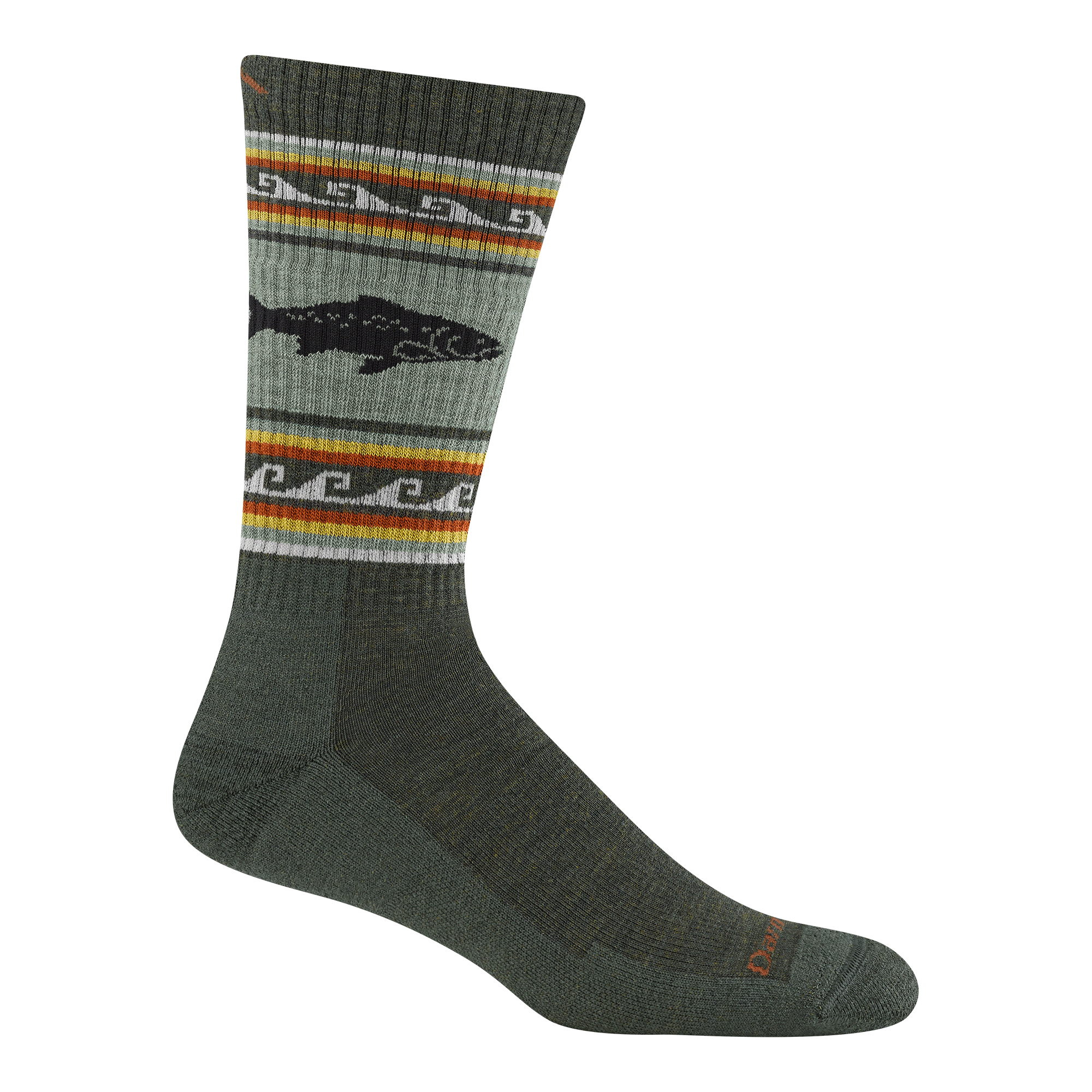 Olive green crew sock with fish silhouette and multicolor striped pattern, side view