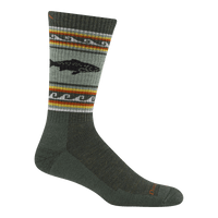 Olive green crew sock with fish silhouette and multicolor striped pattern, side view