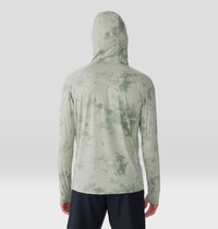Long sleeve hooded shirt with sage green tie-dye pattern, back view showing hood up