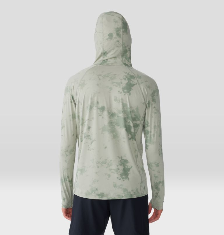 Long sleeve hooded shirt with sage green tie-dye pattern, back view showing hood up