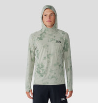 Light green tie-dye hooded long sleeve shirt with hood up, front view