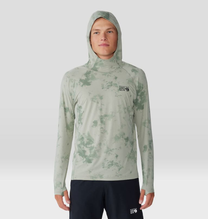 Light green tie-dye hooded long sleeve shirt with hood up, front view