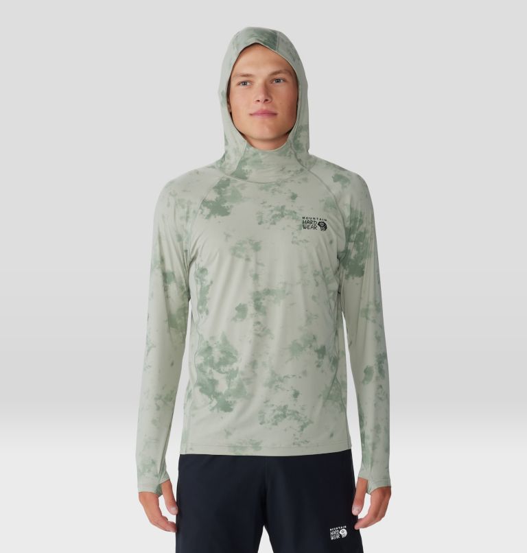 Light green tie-dye hooded long sleeve shirt with hood up, front view