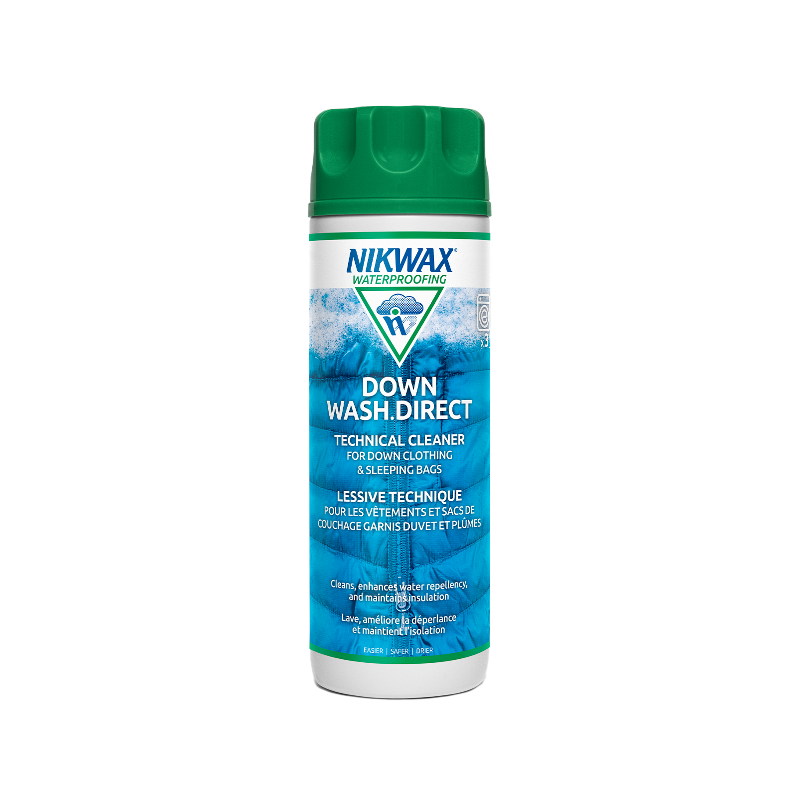 Technical cleaner bottle with green cap and blue label for down clothing care