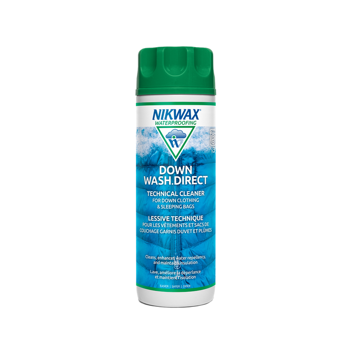 Technical cleaner bottle with green cap and blue label for down clothing care