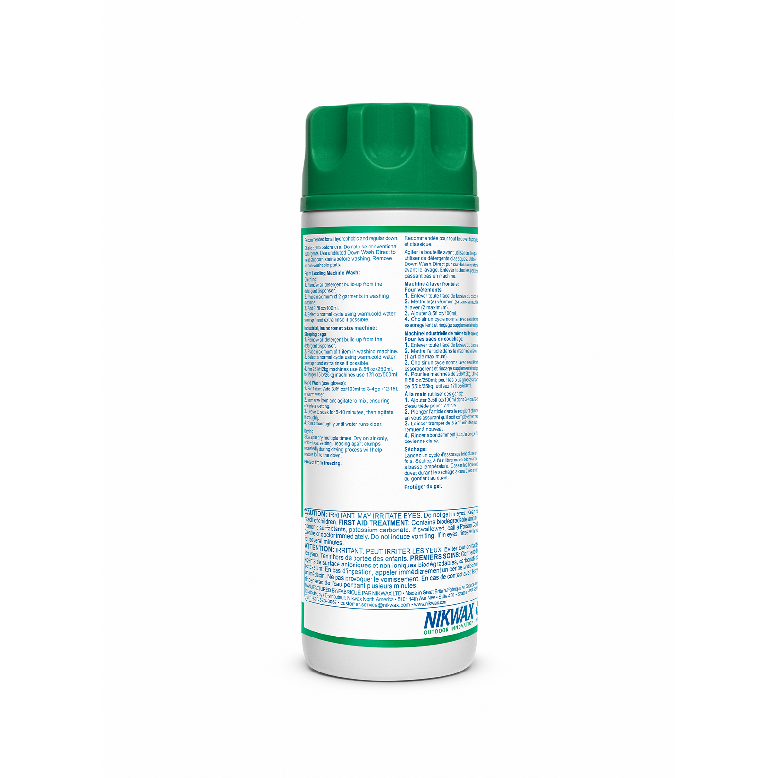 White spray bottle with green cap showing product label and instructions