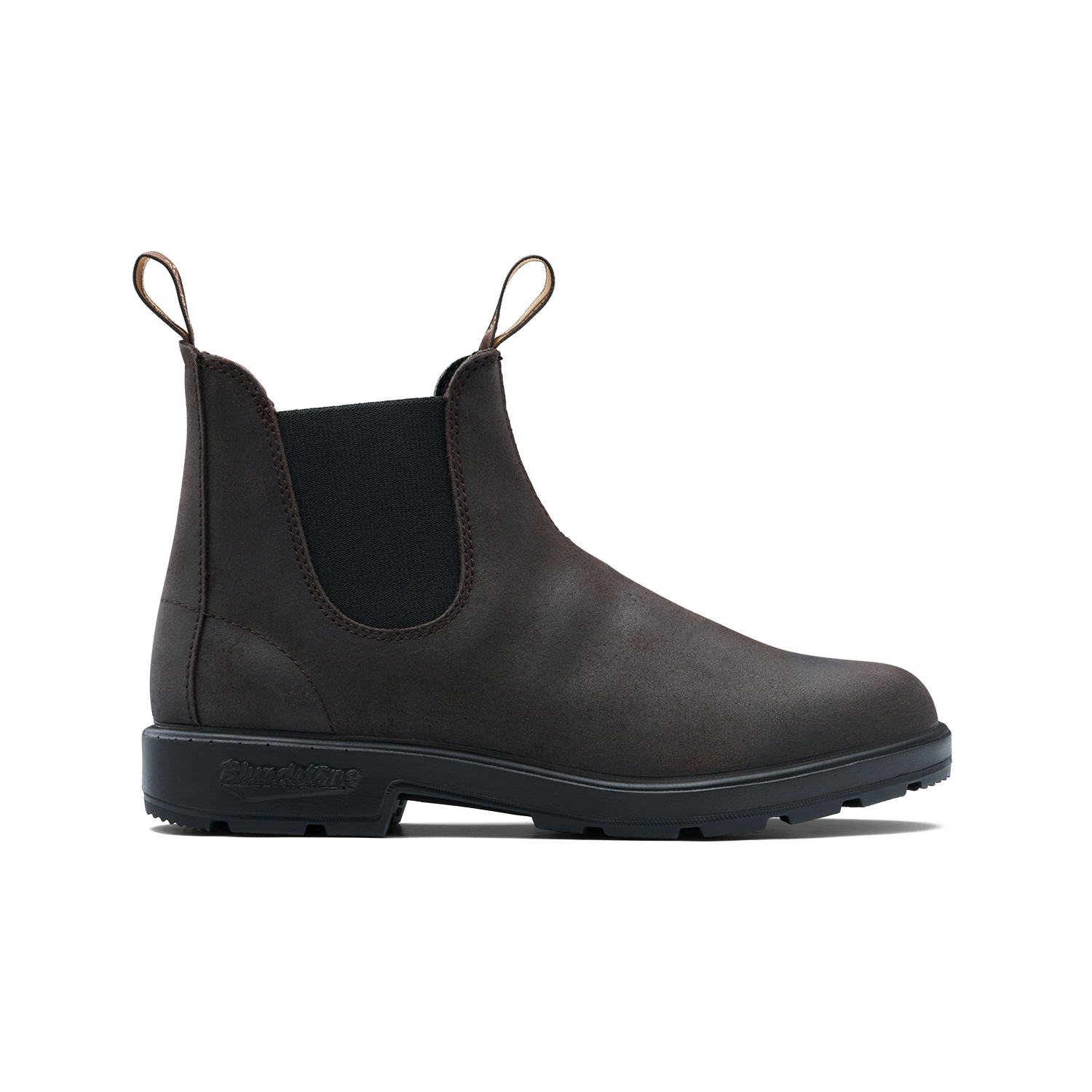 Chelsea boot in dark brown leather with elastic side panels and pull tabs, side view