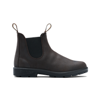 Chelsea boot in dark brown leather with elastic side panels and pull tabs, side view