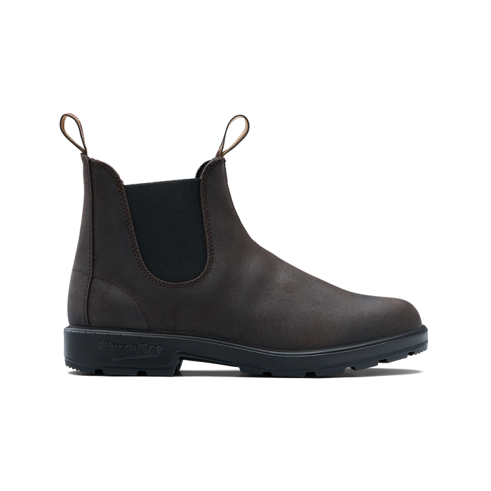Chelsea boot in dark brown leather with elastic side panels and pull tabs, side view