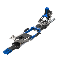 Alpine ski touring binding brake assembly with blue anodized aluminum frame and silver metallic components