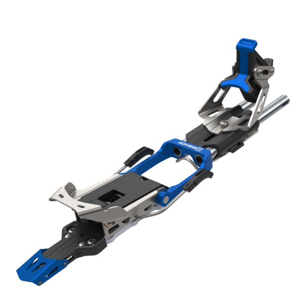Alpine ski touring binding brake assembly with blue anodized aluminum frame and silver metallic components