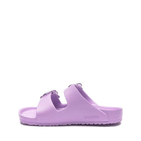 Light purple two-strap slip-on sandals with buckles, side profile view