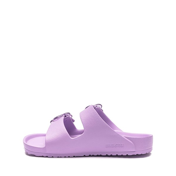 Light purple two-strap slip-on sandals with buckles, side profile view