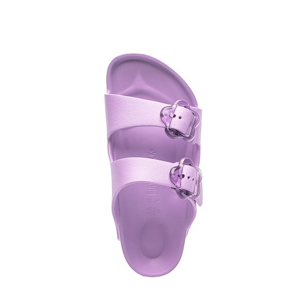 Purple two-strap slide sandal with buckles and contoured footbed, top view