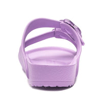 Purple EVA sandals with two adjustable straps and buckles, back heel view