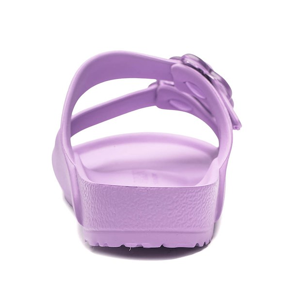 Purple EVA sandals with two adjustable straps and buckles, back heel view