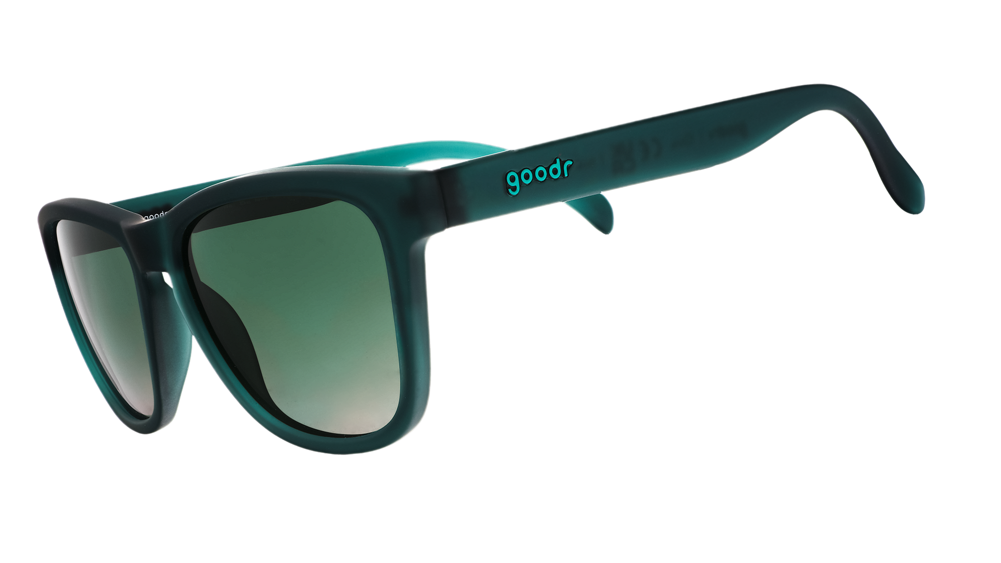 Dark teal sunglasses with gradient green lenses shown from side angle on white background