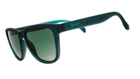 Dark teal sunglasses with gradient green lenses shown from side angle on white background
