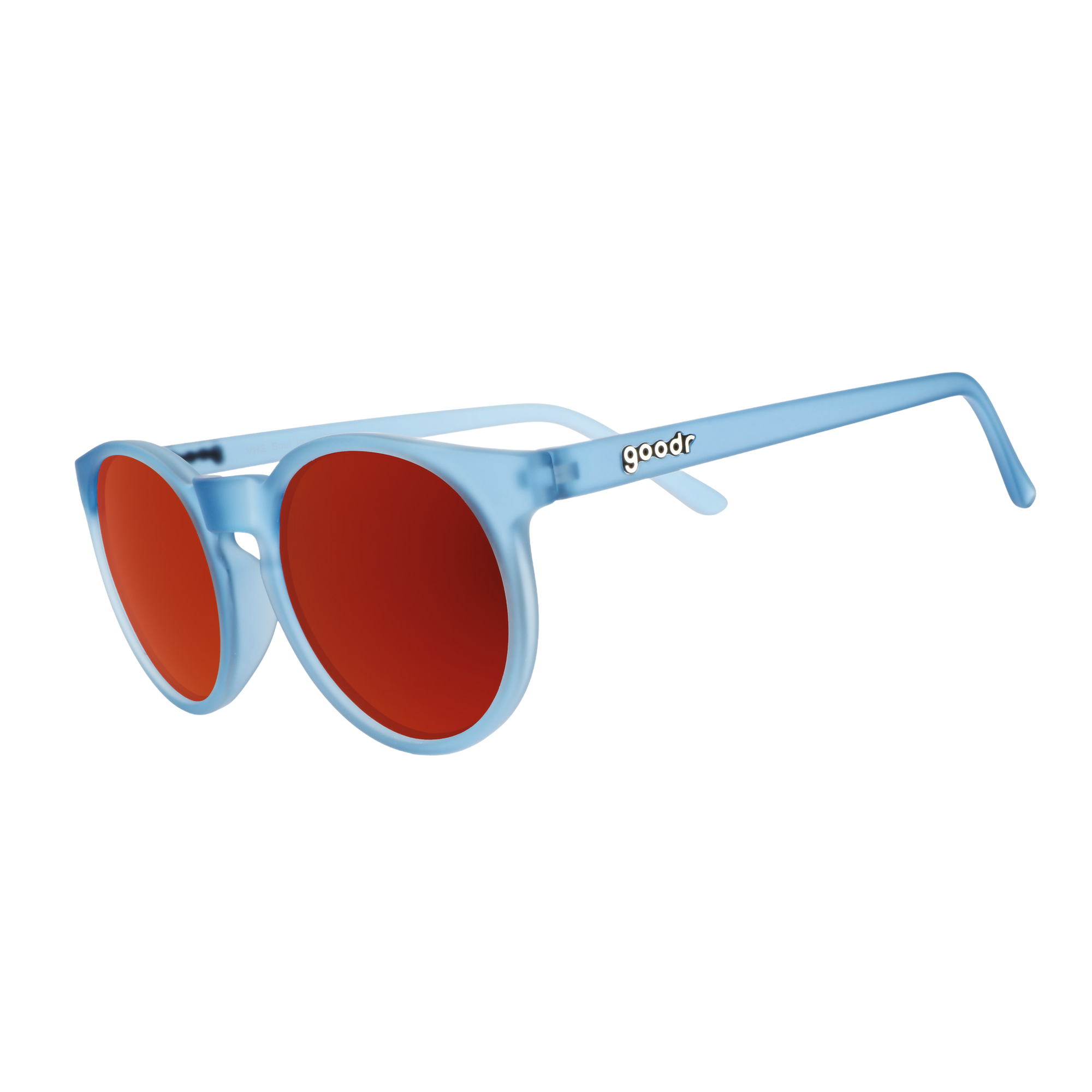 Round sunglasses with light blue frame and red-tinted lenses shown at three-quarter angle