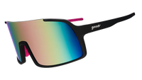 Large wraparound sports sunglasses with black frame and rainbow reflective lens, side angle view