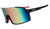 Large wraparound sports sunglasses with black frame and rainbow reflective lens, side angle view