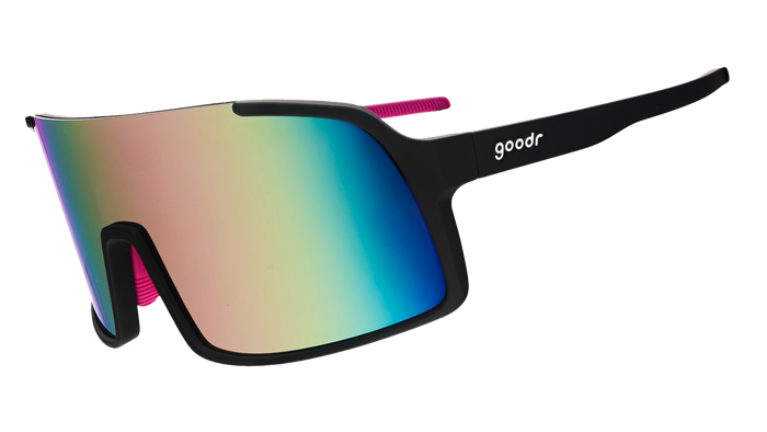 Large wraparound sports sunglasses with black frame and rainbow reflective lens, side angle view