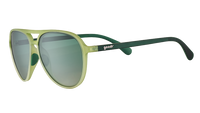 Aviator-style sunglasses with light green frame and mirrored lenses shown from side angle