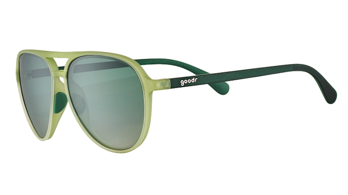 Aviator-style sunglasses with light green frame and mirrored lenses shown from side angle