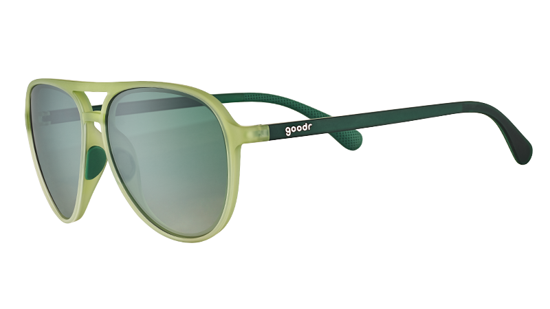 Aviator-style sunglasses with light green frame and mirrored lenses shown from side angle