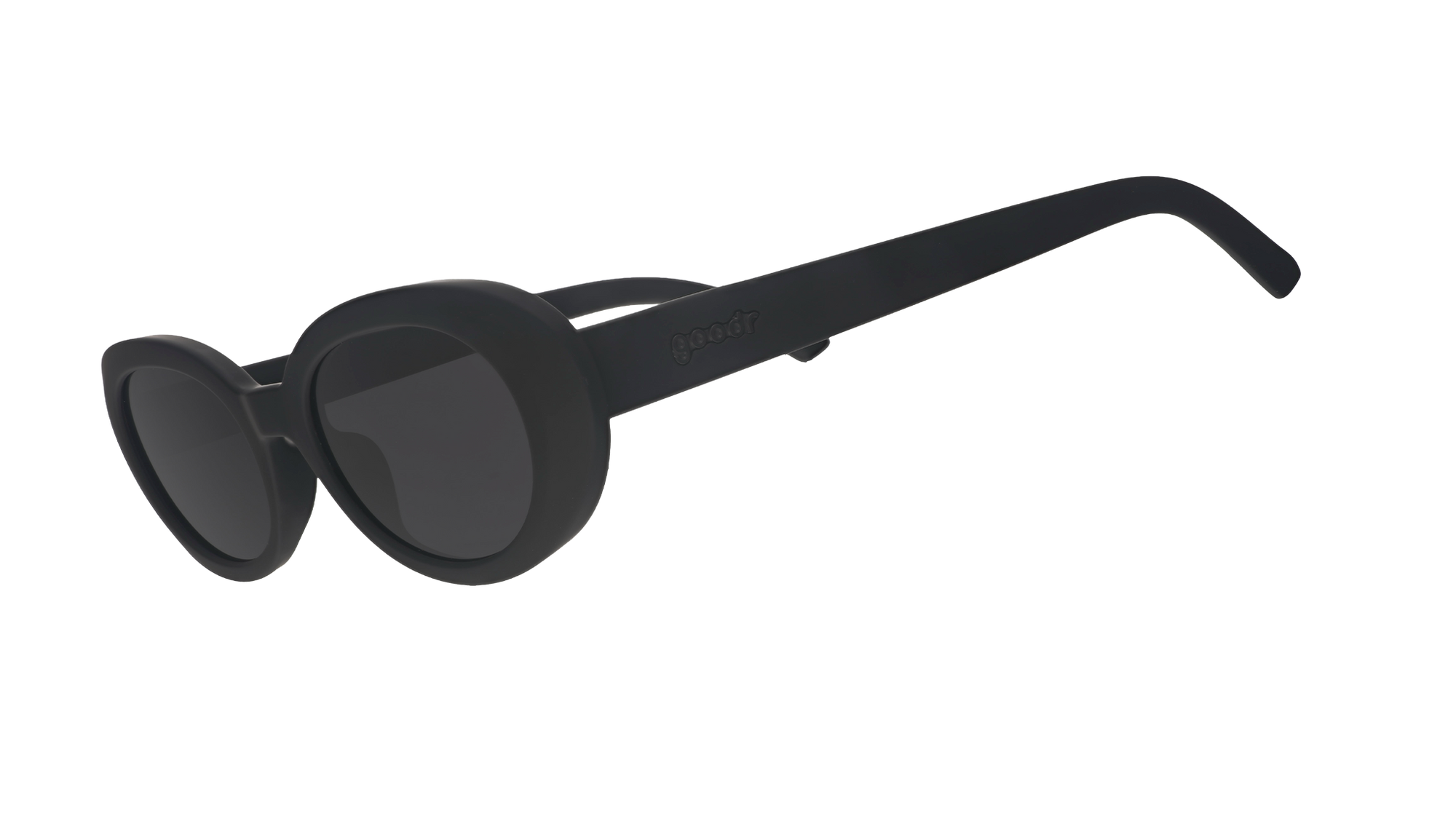 Black oversized round sunglasses with thick frames shown at three-quarter angle
